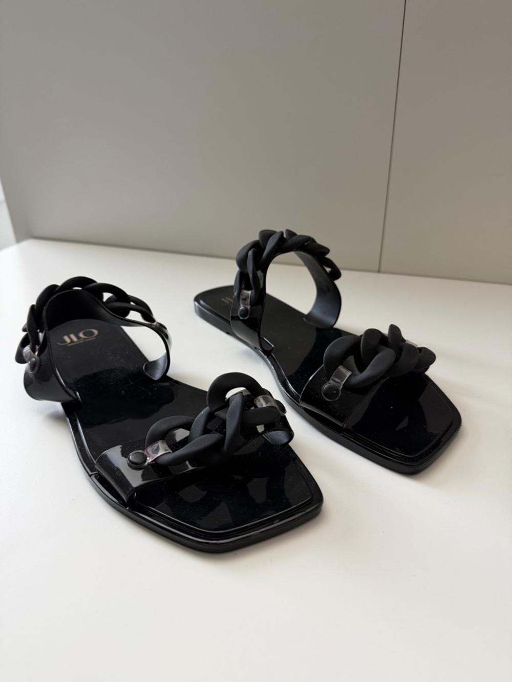 Jennifer Lopez Black Gloss Chain-Link Slide Sandals